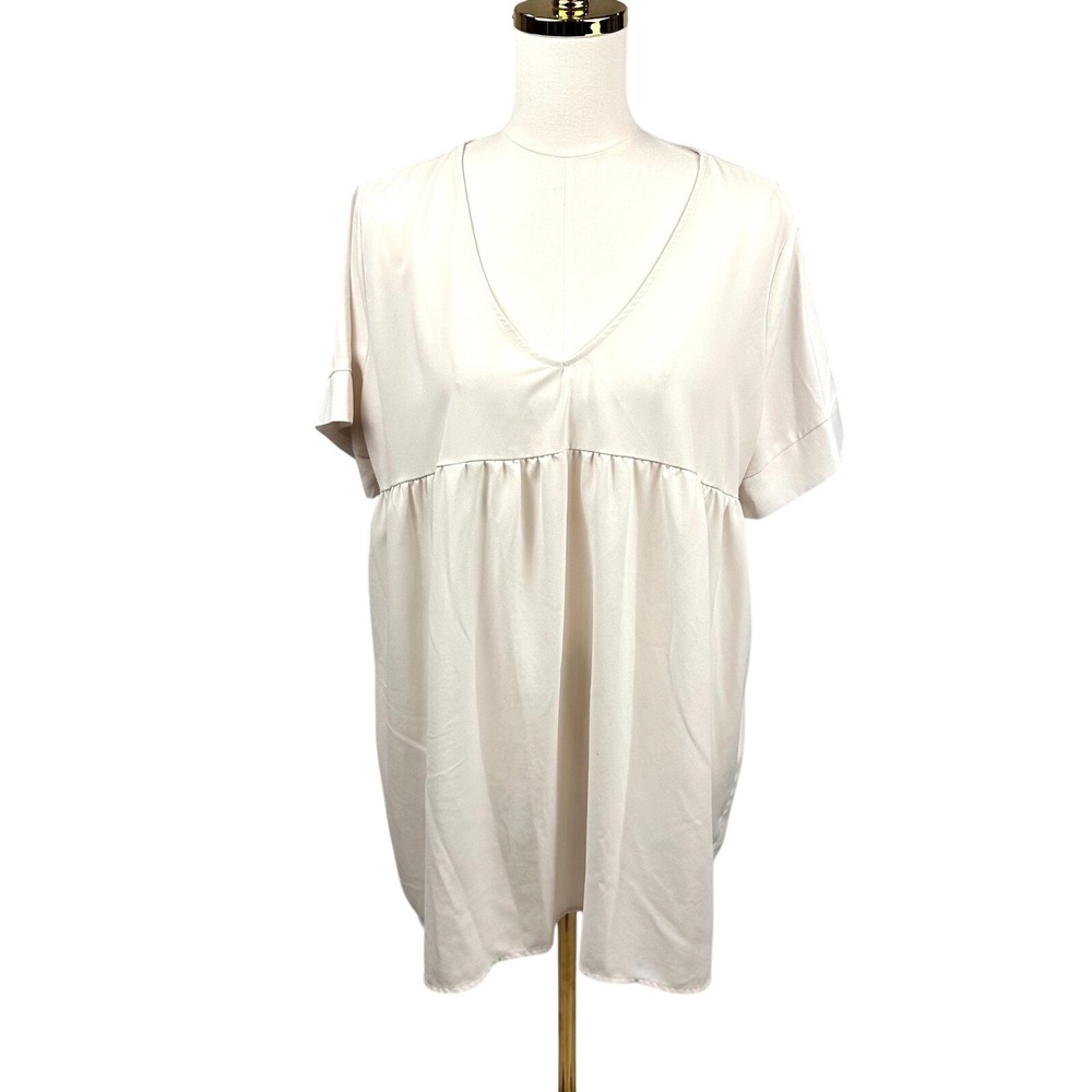 Zenana Outfitters Babydoll V-Neck Blouse Cream Medium QT-2617AB Boho Tunic